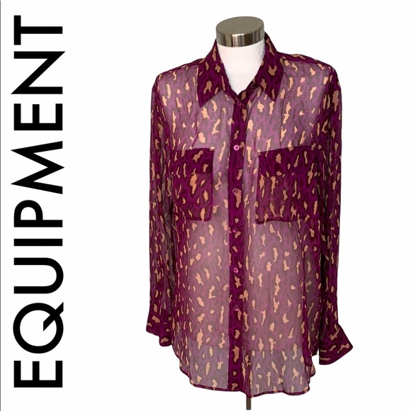 Equipment Tops - EQUIPMENT PURPLE TAN LEOPARD PRINT LONG SLEEVE SILK BLOUSE SIZE MEDIUM